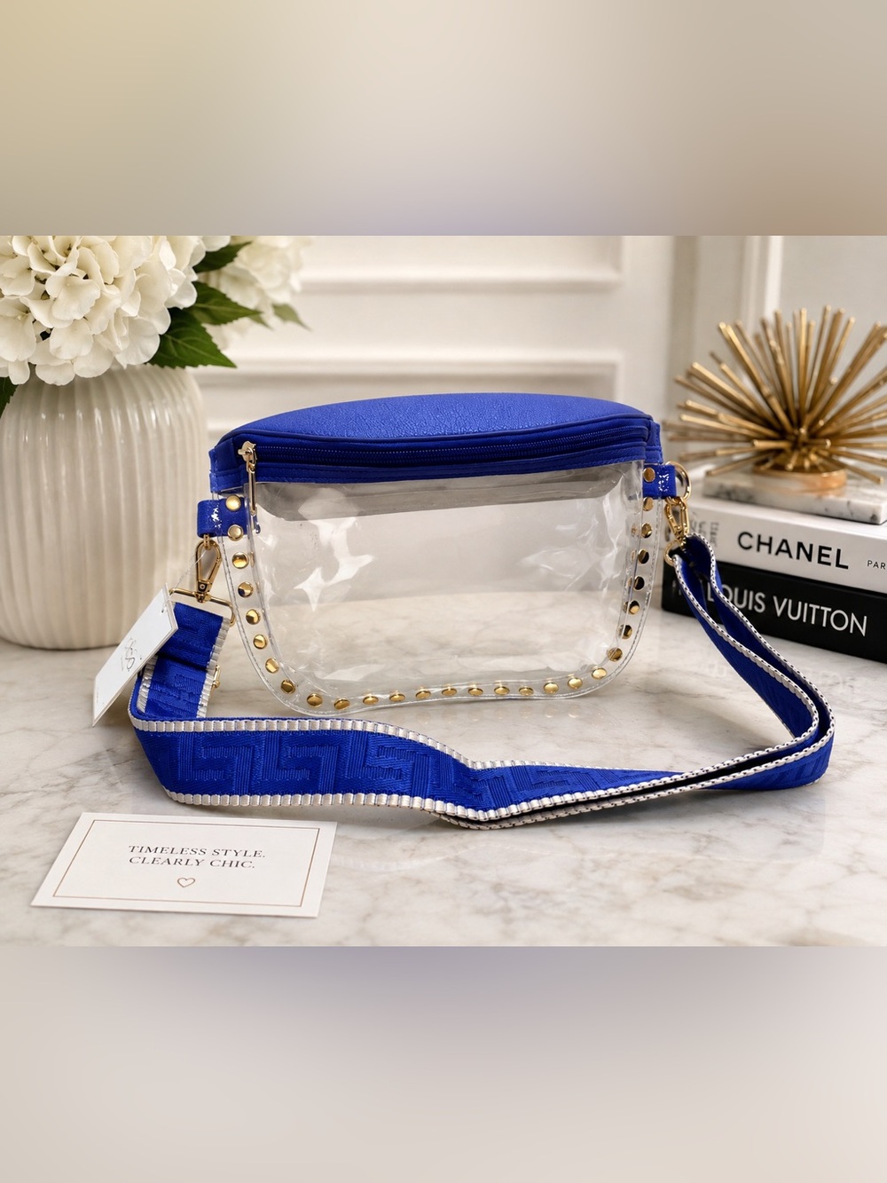Alba Clear Crossbody Bag with Cobalt Blue Trim and Gold Studs